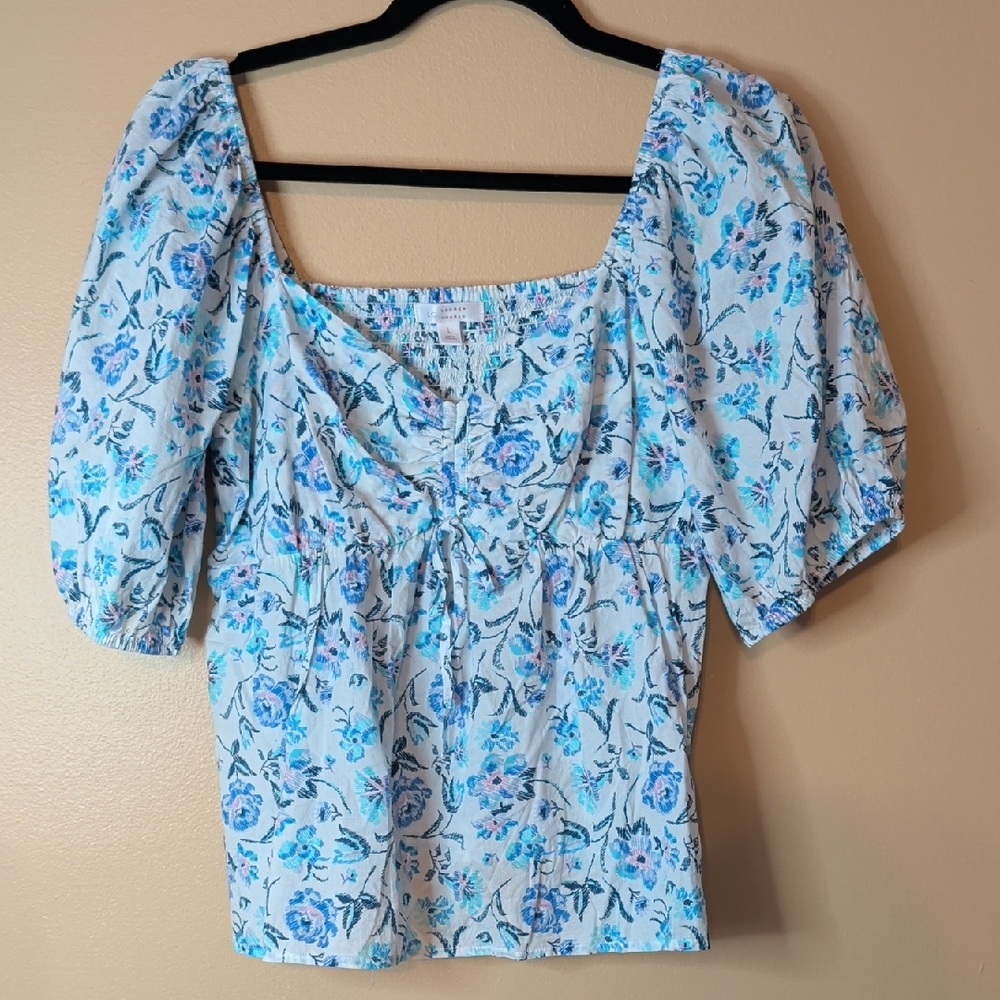 Lauren Conrad Blue Floral Peplum Top Size Large